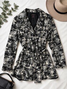 TALIE Black & Ivory Abstract Print Belted Trench Coat Jacket Size L